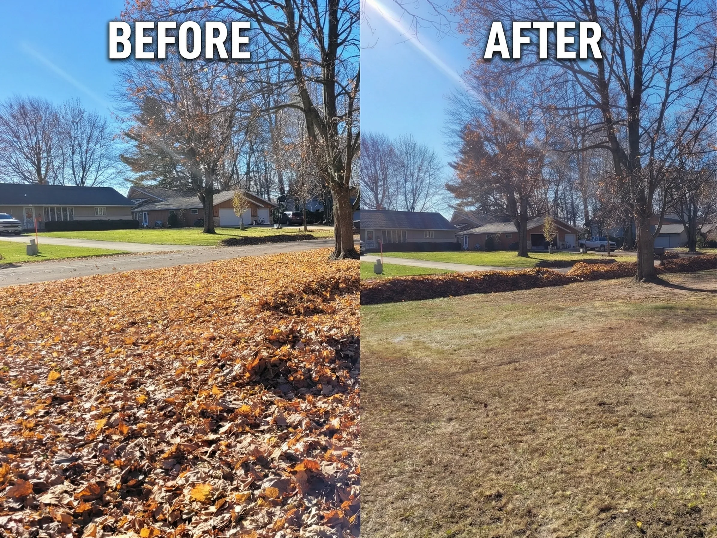 Fall lawn cleanup service Shawano WI - before and after leaf removal results